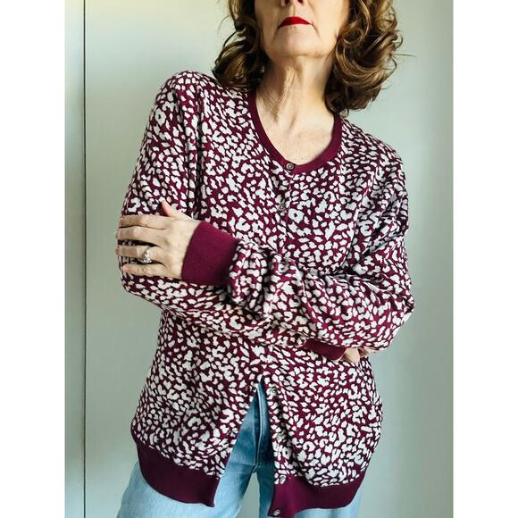 Lands' End Animal Print Cardigan Sweater Womens Size L Tall Supima Cotton Twee - Picture 1 of 8